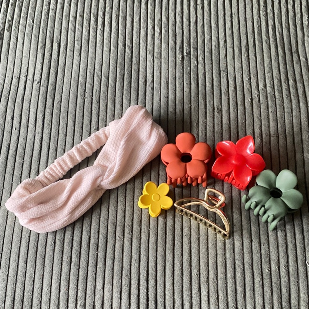 Floral Hair Accessories Set-Flower clips medium&small, gold clip, white headband